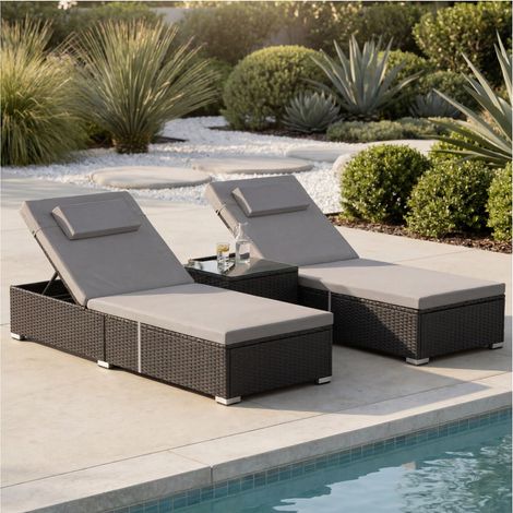 Chaise longue double en rotin avec table noir 62x196x36 cm