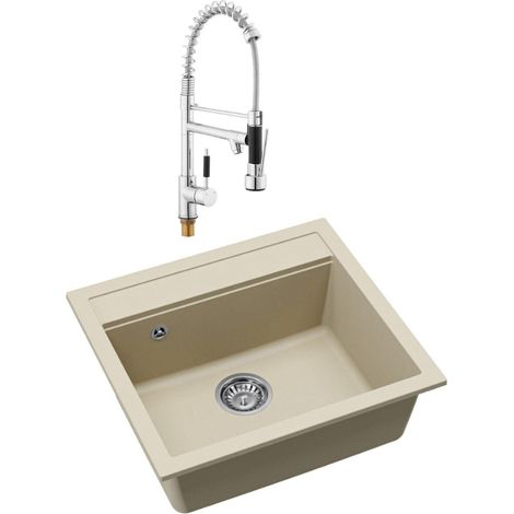 Swiss Aqua Technologies 56,5x51cm Granit-Einbauspüle + Schwenkarm-Mischbatterie, 2-strahlig, Jasmin (SATSINKGQQ100J-S2)