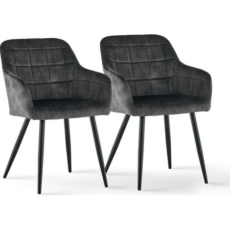 Clipop – Lot de 2 chaises de salle à manger en velours gris – Rembourrées avec accoudoirs – Dossier et pieds en métal – Dimensions L60 x W56 x H82 cm (1/5)