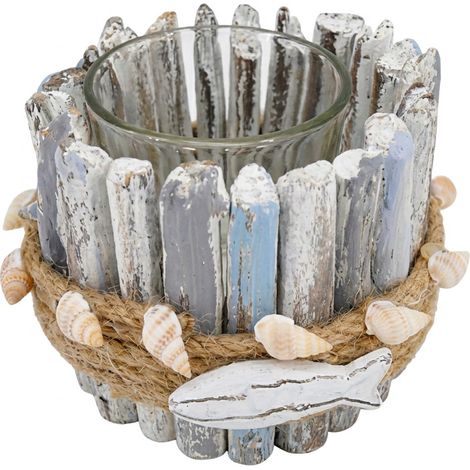 Glas-Kerzenhalter in Fischform mit natürlicher maritimer Dekoration