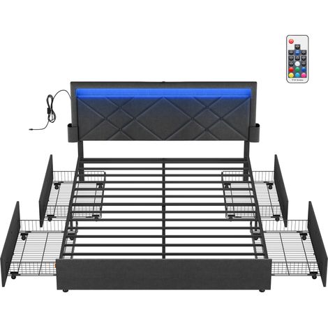 Lit Double, Cadre de Lit, Lit Coffre 160 x 200 cm, avec LED, Lit en Métal, 4 Tiroirs, Multiprise, Tête de Lit Rembourrée Ajustable, pas Besoin de Sommier, Gris Ardoise et Noir Mat