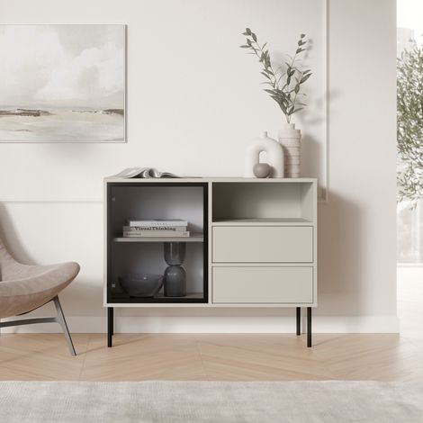 Aparador Caravino, Cómoda 2 Cajones, 2 Estantes, Apertura Abatible, Deslizante, 100x40x80h cm Beige (1/4)