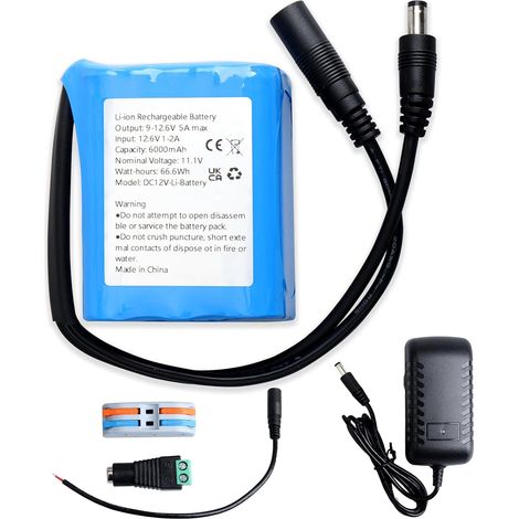 Batterie lithium-ion rechargeable 6000 mAh 12 V, convient pour appareil photo, lecteur MP3, caméscope, clavier électronique, caméra de vidéosurveillance, routeur, panneau solaire, etc. (chargeur et (1/5)
