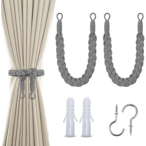Lot de 2 embrasses de rideaux tressées avec crochets, cordons décoratifs sans perçage pour salon et chambre, gris (1/5)