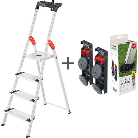 Hailo Stehleiter L80 ComfortLine (4 Stufen) im Set mit EasyClix Garden Size L