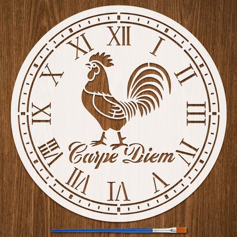 Pochoir de Peinture de Cadran D'Horloge Avec Pinceau 30x30cm Chiffres Romains Modèle de Dessin D'Horloge Motif de Poulet Pochoir de Décoration DIY pour Bois Mur Tissu Meubles (1/5)