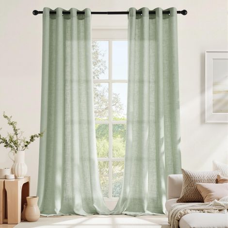 Rideau Voilage Lin - Rideaux en Lin Draperies Filtre de Lumière Décoration de Fenetre Maison Chambre Salon Porte avec Oeillets, L140xH220cm, Lot de 2, Vert-Gris (1/5)