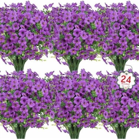 24 ramos de flores artificiales resistentes a los rayos UV, aptas para decoración de interiores y exteriores, de color morado, ideales para jardines, porches, jarrones, etc.
