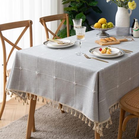 Bestickte Tischdecke kariert 140x180 cm mit Quasten, grau, pflegeleicht