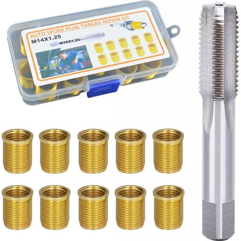 Juego de 10 herramientas de reparación de orificios roscados para bujías M14 x 1,25 mm con macho de roscar, de metal, para motores de gasolina, generadores y diésel (dorado)