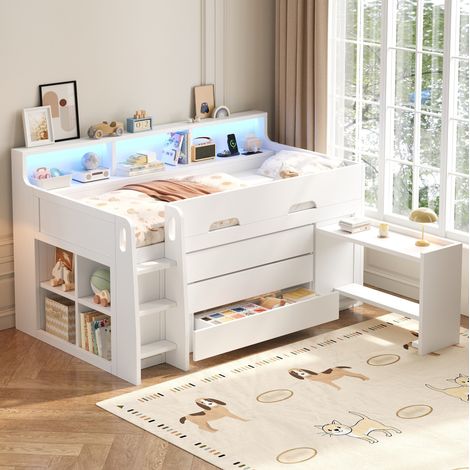 Cama alta baja moderna 90x200 cm con escritorio móvil, 3 cajones, 7 estantes, LED y USB, blanca (1/5)