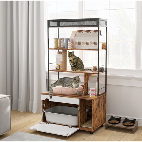 Mueble para arenero con estantes, rascador y puerta abatible, madera marrón, 80 x 48 x 152 cm (1/5)