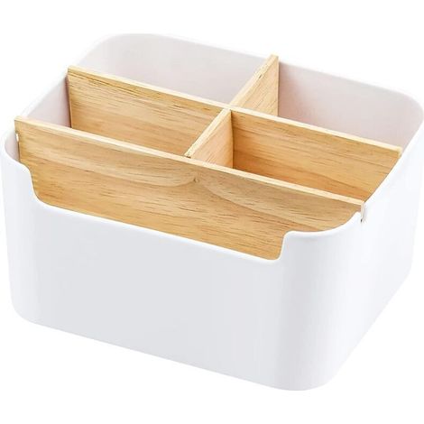 Desk Organizer, Wooden Pen Holder, Desk Caddy, Wooden Remote Control Holder, Multifunctional Box, Bamboo Desk Accessory Set for Pens and Post-it Notes, White (1/5)