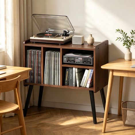 Record Player Table, Mid-Century Record Player Stand with Vinyl Storage Holds Up to 150+ Albums, Wooden Turntable Cabinet with Adjustable Shelves, Ideal for Living Room & Music Spaces (1/5)