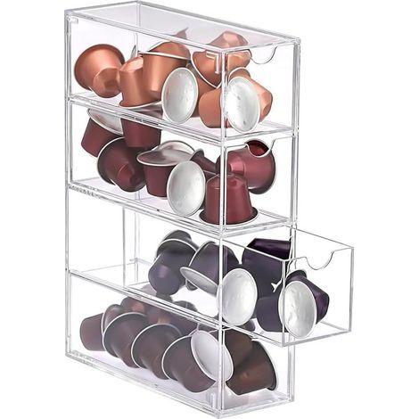 Boîte de rangement pour capsules de café en acrylique avec 4 tiroirs – Porte-capsules transparent 25 x 17,5 x 6,5 cm – Compatible avec les capsules Nespresso – Organiseur (1/5)