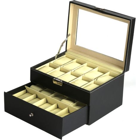 Coffret à montres double couche, présentoir, boîte de rangement pour montres en cuir PU, 20 compartiments, avec couvercle en verre, coffret unisexe double couche pour montres et bijoux, idéal en cadea (1/5)