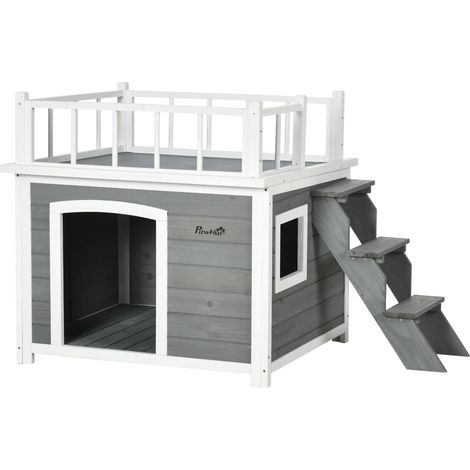 Niche avec balcon et escalier, niche surélevée pour petits animaux avec fenêtre, en bois de sapin, pour chiens de taille moyenne et grande.