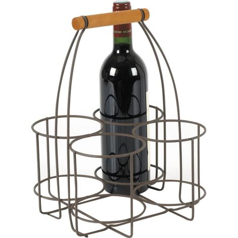 1 - Porte-Bouteilles - Métal Vieilli - Bois - Design Rustique - Rangement 4 Bouteilles - Cuisine Salon Bar - Marron - 23x23x14-31 cm