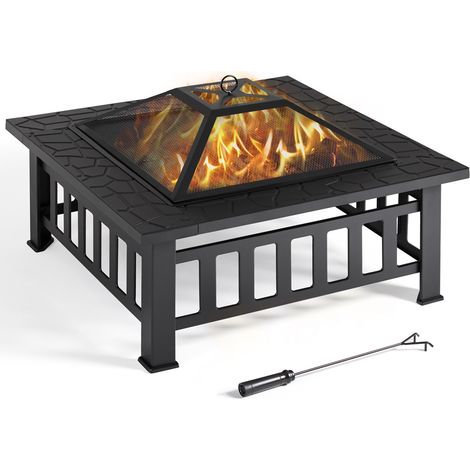 Yaheetech Braciere da Giardino Esterno Campeggio per Riscaldamento Tavolo Quadrato in Ferro con Copertura Nero 86 x 86 x 54 cm