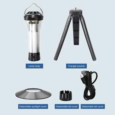 Lampada da tenda portatile ricaricabile tramite USB-C, luce bianca/calda/rossa, con treppiede e gancio, ideale per il campeggio. (1/5)