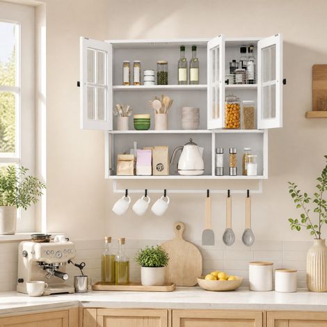 Mobile bagno sospeso a 3 ante con ripiano aperto e anta in vetro, bianco HAVRYA (1/5)