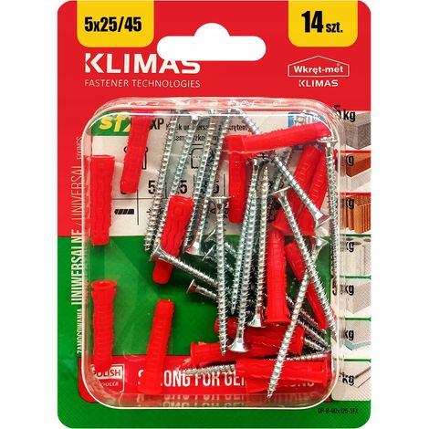 Chevilles Universelles Klimas 5 x 45 Avec Tete Fraisee PZ2, Blister De 14