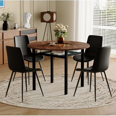 Conjunto de mesa y 4 sillas, mesa redonda de 100 cm con estante de vidrio, marrón y negro (1/5)