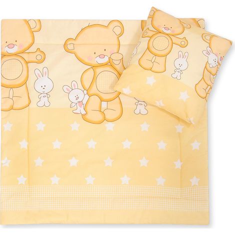Linge de lit pour poussette avec rembourrage, couette et oreiller - Ours en peluche câlin, crème