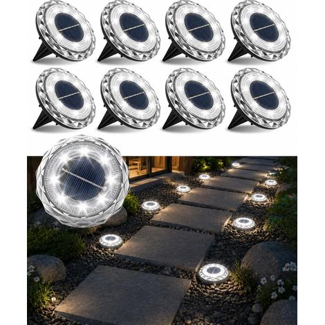 Lot de 8 lampes solaires d'extérieur à 8 LED avec piquet - Étanche IP68 - Marche/arrêt automatique - Pour jardin, pelouse, allée, terrasse, allée - Blanc brillant (1/5)