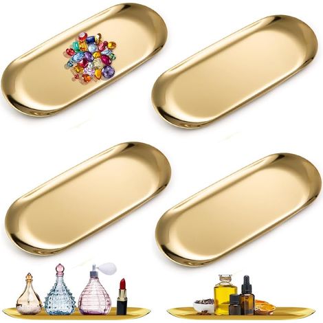 BRAVIX 4 Pièces Plateau Doré, Plateau Ovale, Plateau de Rangemen Doré, Inoxydable Plateau Rangement en Métal pour Collation Fruits Bougies Bonbons, Clé, Cosmétiques, Bijoux (1/4)