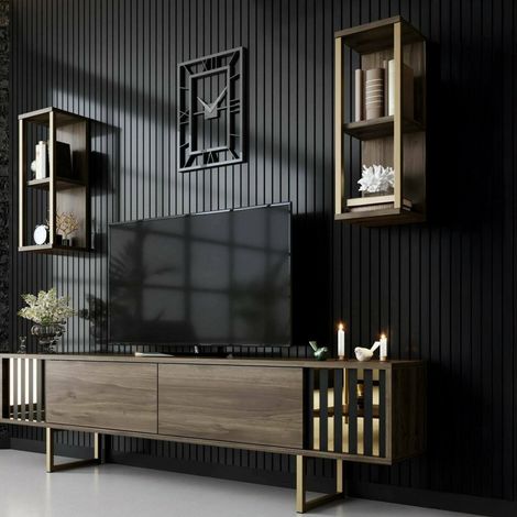 Dmora - Mueble de televisión Eunomia, Aparador de salón, Mueble bajo para TV, Base de pared equipada, 180x30h48 cm, Nogal y Negro, con embalaje reforzado (1/5)