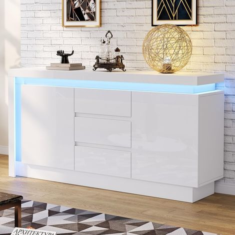 Buffet salon avec LED 140 x 35 x 72 cm Buffet blanc avec 3 tiroirs 2 portes et étagères réglables, pour salon, salle à manger (1/5)