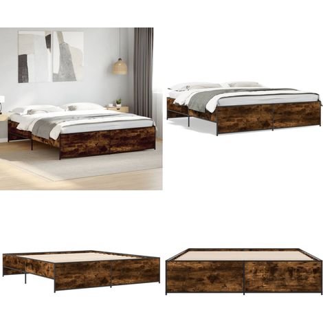 Estructura cama madera ingeniería metal roble ahumado 180x200cm - Estructura de cama - Cama de ingeniería