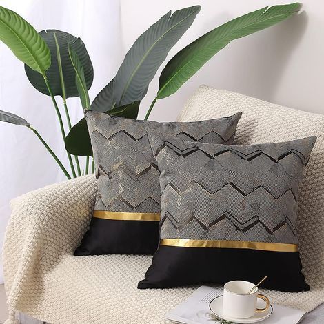 Set of 2 decorative cushion covers in black and gold leather, 45 x 45 cm, striped jacquard patchwork pattern - (1/4)