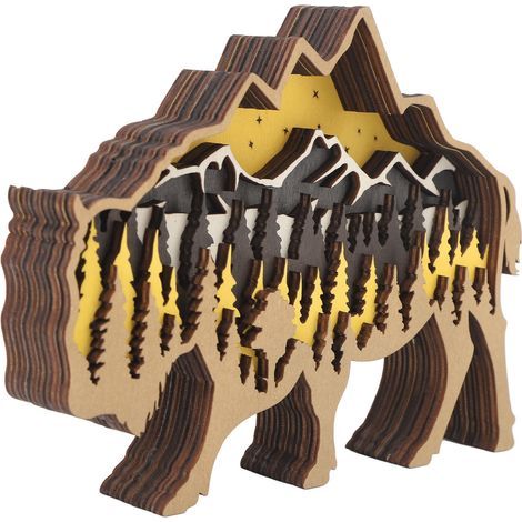 Ornement en bois sculpté avec lumière, sculpture animale 3D en bois avec lumières pour décorations d'Halloween, bison (1/5)