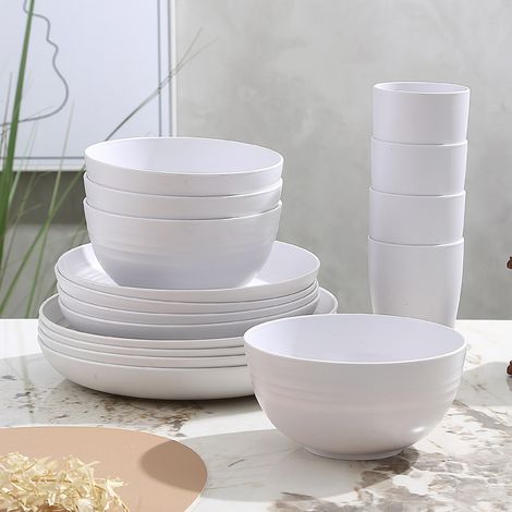 16-Piece Kitchen Plastic Wheat Straw Dinnerware Set with Dinner Plates, Dessert Plate, Cereal Bowls, Cups (1/5)