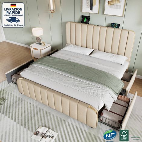 Lit adulte 180x200 cm, lit tissu capitonné / matelassé - Avec port de charge-avec 4 tiroirs, lin, Bois Certifié PEFC-contemporain, sans matelas, beige, (1/4)