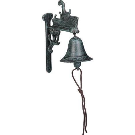 Cloche en Fonte, Design Antique, Sonnette Jardin, Corde, Vert (1/5)