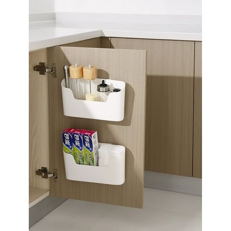 Boîte de rangement adhésive 2 pièces pour porte de placard, organisateur mural autocollant pour dressing, salle de bain, frigo, boîte de stockage polyvalente (1/5)