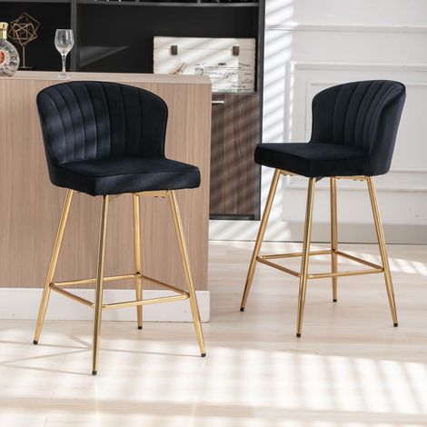 Wahson Velvet Bar Stools Set of 2 - Modern Counter Chairs with Shell Backrest for Home Bar Restaurant, Black (1/5)