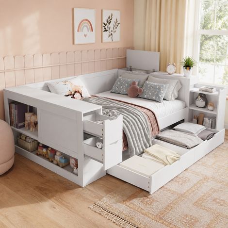 Letto bambini 140x190 cm MDF bianco con cassetti e mensole, senza materasso – MEUBLIV (1/5)