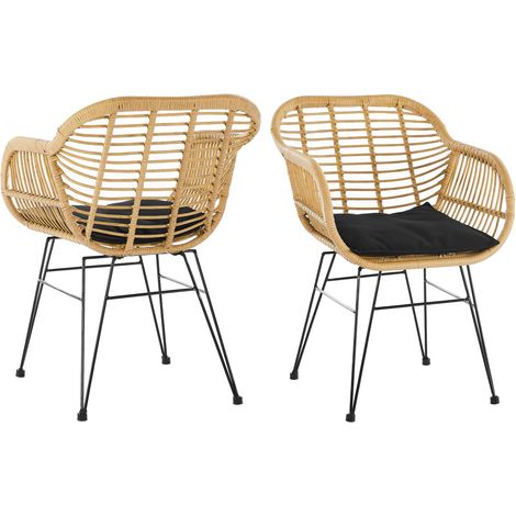 Lot de 2 Fauteuils de Jardin Aspect Rotin Naturel et Métal Noir avec Coussins - PANGIVO (1/5)