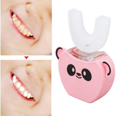 Brosse à dents électrique intelligente en silicone pour enfants, rechargeable, en forme de U, avec blanchiment à la lumière froide et nettoyage buccal à 360°, rose. (1/5)