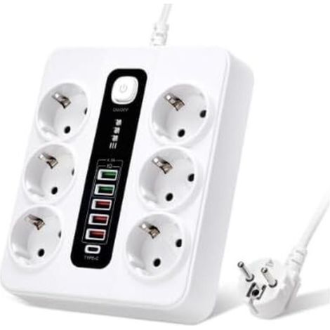 Multiprise 6 Compartiments avec USB, Multiprise 12 en 1 avec 5 USB-A & 1 USB-C, avec Interrupteur, Câble D'extension 2M, 3000W, Multiprise pour Bureau, Maison (1/4)