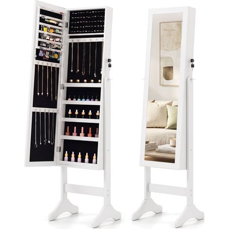 Armoire à Bijoux sur Pied avec Miroir Pleine Longueur, avec Porte Verrouillable, Dispositif Anti-basculement, 40 x 36 x 156 cm, Blanc (1/5)