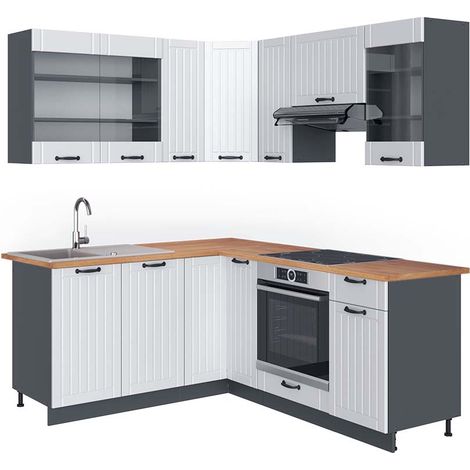 Cuisine en angle Fame-Line, Blanc cottage/anthracite, 160 x 190 cm , PT Chêne, Vicco