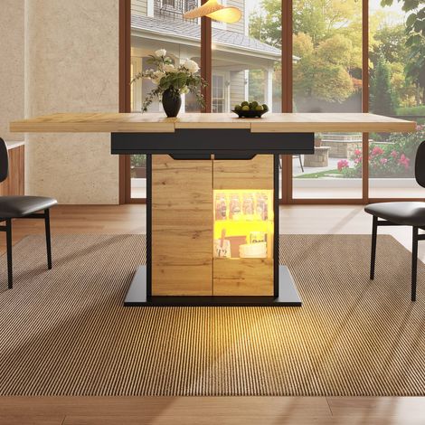 Table à rallonge 110-140 x 80 cm rabattable avec éclairage led et tablette de rangement, pour 4 à 6 personnes (1/5)