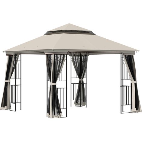 Pérgola de jardín 2,99 x 2,99 m con doble techo metal y poliéster beige (1/5)