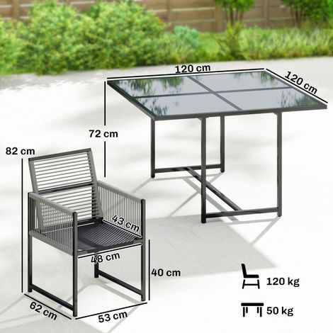 Ensemble de mobilier de jardin, salon de jardin, 5 pièces, table en verre avec 4 chaises pliantes respirantes à dossier en corde (1/5)