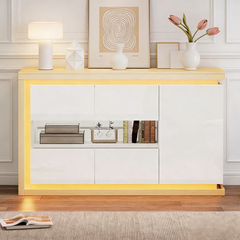 Aparador con LED 140 x 40 x 84 cm, 3 puertas, vidrio templado, blanco y madera natural DESVIAE (1/5)